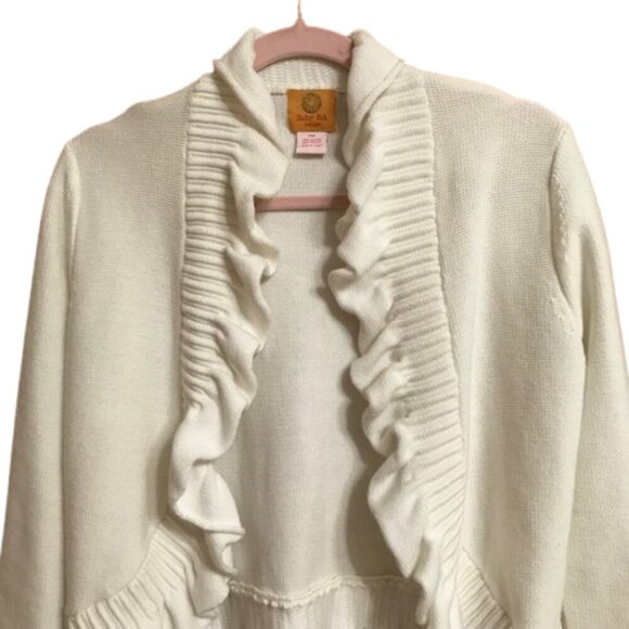 Ruby Rd Women's White Open Front Ruffle 3/4 Sleeve Cardigan Sweater Medium Pet - Picture 2 of 6